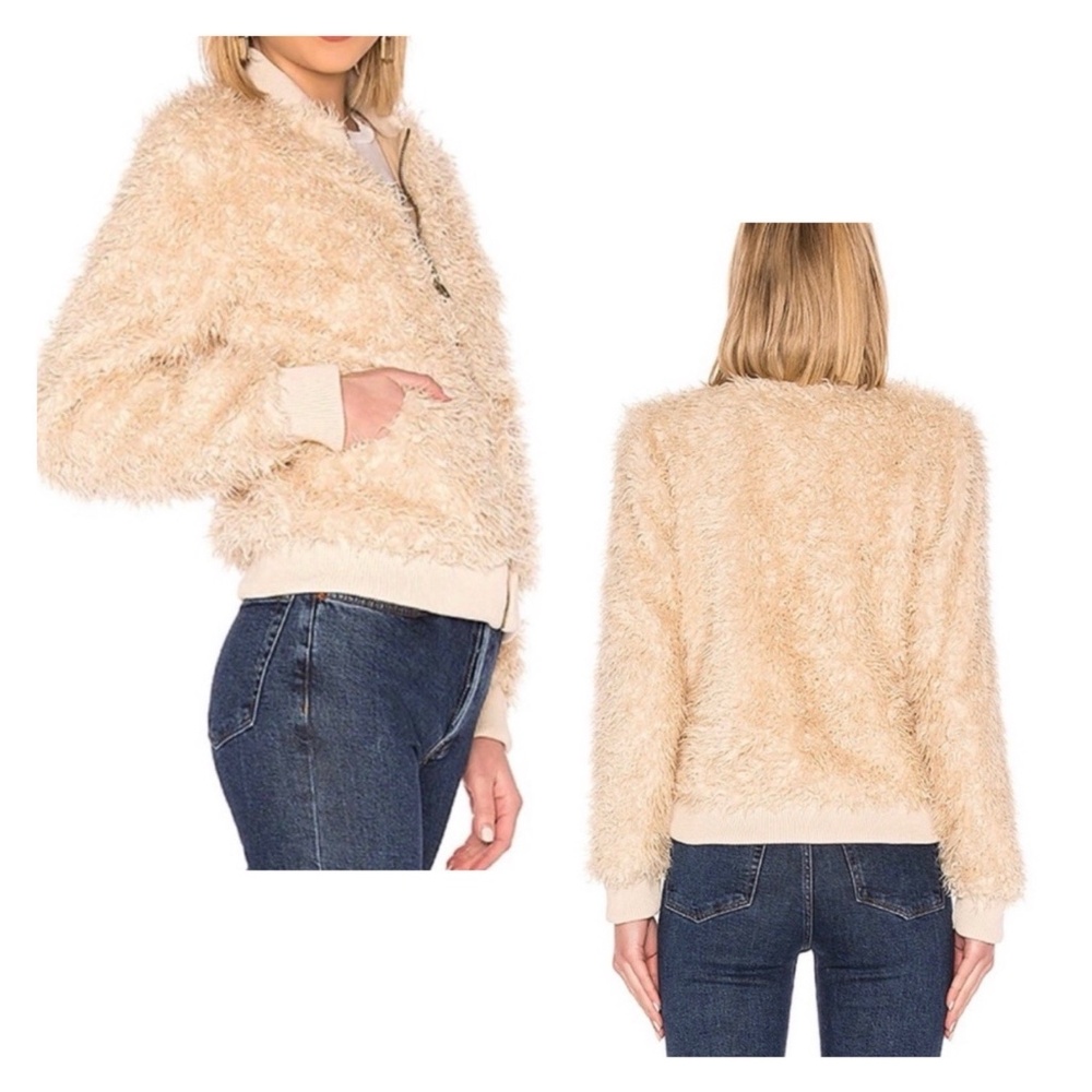 Chaser Women Size XS Faux Lamby Bomber Jacket Cream Long Sleeve Zip Up